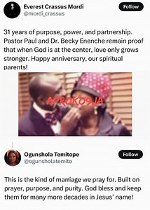 Lindaikejiblog on Instagram: "TRENDING: 31 Years of God’s Love! Happy anniversary to Pastor Paul & Dr. Becky Enenche — a divine union built on prayer, purpose, and power! Your love story continues to inspire generations. @drpastorpaulenenche @aproko9jang"