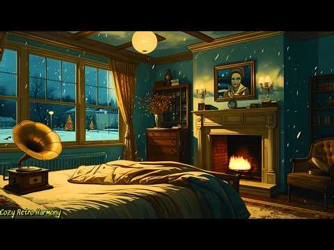 a peaceful bedroom on a vintage night in the 1940s with oldies playing in another room