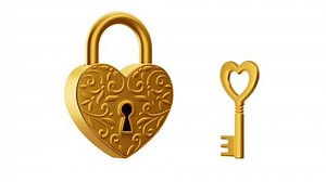 Idle animation of golden heart shape padlock with golden key on white background. Game object. 4K 3D seamless loop animation