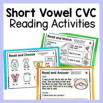 CVC Short Vowel Reading Passages and Activities a e i o u Worksheets Cut Sort