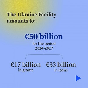 52 reactions · 31 shares |  The EU is setting up a new support mechanism to provide predictable financial support of €50 billion for Ukraine from 2024 to 2027. The funds will contribute to the repair, recovery and reconstruction of Ukraine. More on the new #UkraineFacility ⬇️ https://europa.eu/!YtNyTw #StandWithUkraine | Council of the European Union | Facebook