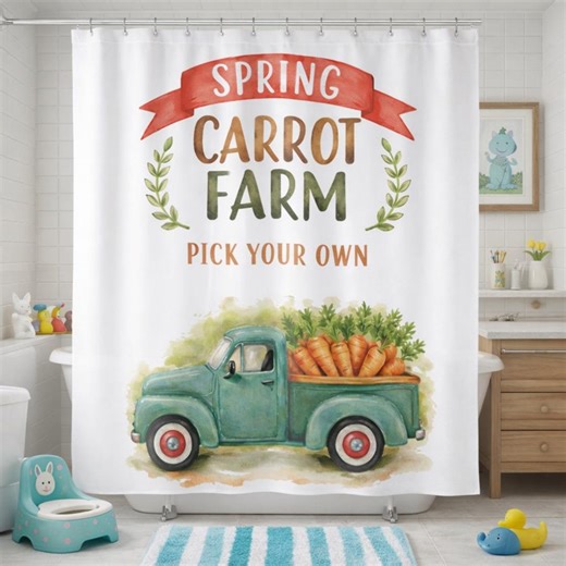 Spring Carrot Farm Shower Curtain | Farmhouse Easter Bathroom Decor | Vintage Truck Carrot Bath Curtain | Pick Your Own Spring Bath Decor - Etsy