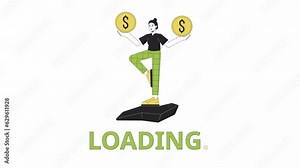 Balancing finances line 2D loading animation. Asian woman with coins balancing on one leg animated cartoon linear character 4K video loading motion graphic. Manage expenses download process gif