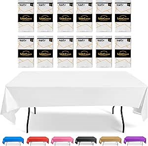 White Plastic Tablecloth For Parties, 12 Pack, Thick White Disposable Tablecloth Good For Wedding, Birthday, Picnic Camping, Also 12 Clips For The Rectangle Tablecloth Plastic - 54x108-in