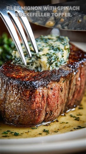 Filet mignon seared hot. Sprinkle salt, pepper, butter-baste. Finish at 400°F for 6 minutes. This filet mignon with spinach Rockefeller topper is rich and luxurious—tender steak crowned with creamy, garlicky spinach and a silky, savory finish. Ingredients ➤ Filet Mignon ➤ 2–4 filet mignon steaks (6–8 oz each) ➤ 2 tbsp olive oil ➤ 2 tbsp unsalted butter ➤ 1 tsp salt FULLL Recipe in First Cօʍʍеոτ 👇👇 | Nessy Recipes