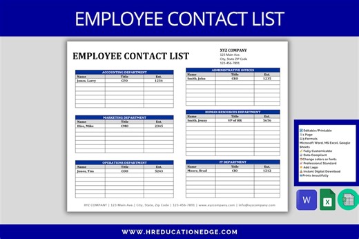 Employee Contact List Template: Staff Phone Directory (digital Download) - Etsy
