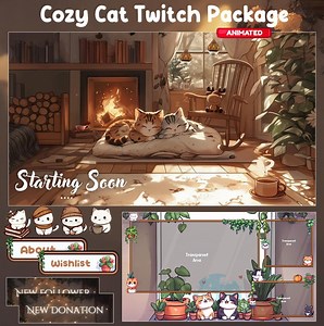 Cozy Night Twitch Overlay, Twitch Screen | Animated Overlay Stream Package, Sleeping Cat | Cute Twitch | Cozy Room | Coffee | Fireplace - Etsy