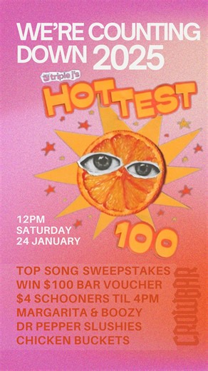 CROWBAR SYDNEY on Instagram: "We can't wait for the countdown 🍻 hedge your bets on the top song in our sweepstake for your chance to win $100 venue voucher and enjoy a bunch of summer-y specials while you're at it!⁠ ⁠ Countdown from 12pm⁠ SAT 24 JAN 🎫 FREE ENTRY⁠ Book a table now! Link in bio"