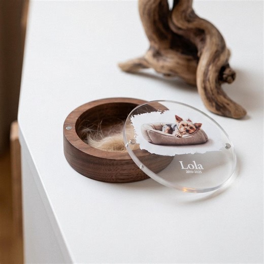 Dog Fur Keepsake Box | Round Walnut Pet Hair Memorial With Custom Photo Loss Gift - Etsy
