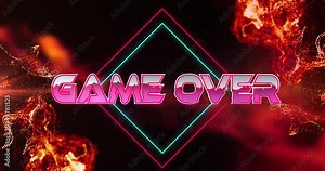 Animation of game over text banner over light spot and red digital waves against black background