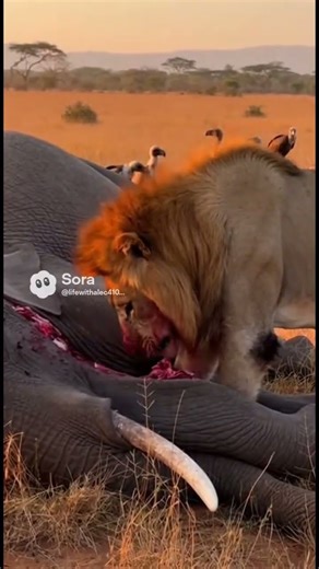 Lion eats elephant