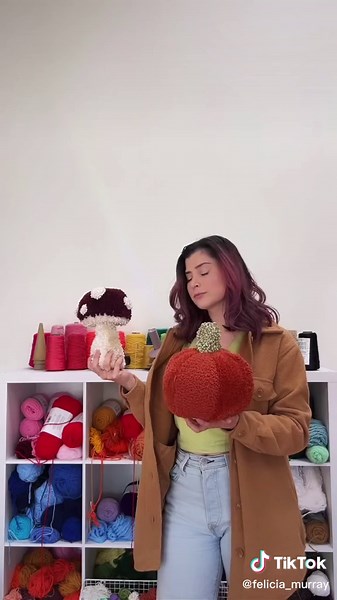 Tufted pumpkin and mushroom using my fall harvest yarn bundle from @tufttheworld ! #tuftinggun #tuftingrugs #tufttheworld #tuftingtok