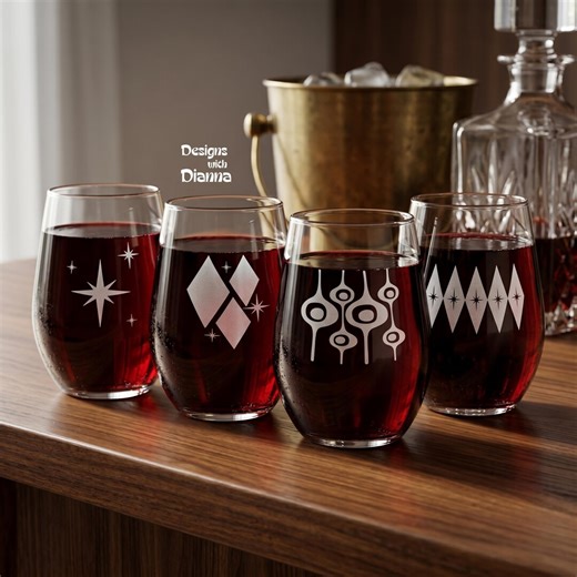 Mid Century Modern Wine Glasses Set Engraved Retro Atomic Glassware Stemless Wine Glass Set MCM Barware Gift Housewarming - Etsy