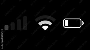 The Wi-Fi, battery, and signal icons are isolated on a black background for smartphones. Phone bar status Icons, battery Icon, wifi signal strength. Stock Video