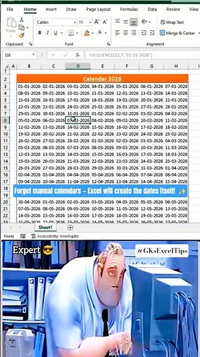Create 2026 Calendar in Excel Automatically 📅 | SEQUENCE Formula Trick