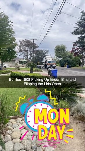 Burrtec 1508 Picking Up Green Bins and Flipping the Lids Open