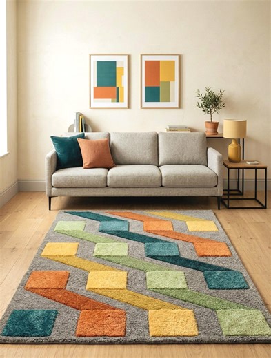 Mid-century Modern Geometric Area Rug | Tufted Wool Blend Carpet, Teal Blue Orange Green Grey - Etsy