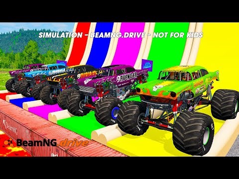 5 MONSTER TRUCKS vs GIANT COLOR WATER SLIDE #188 - BeamNG.Drive