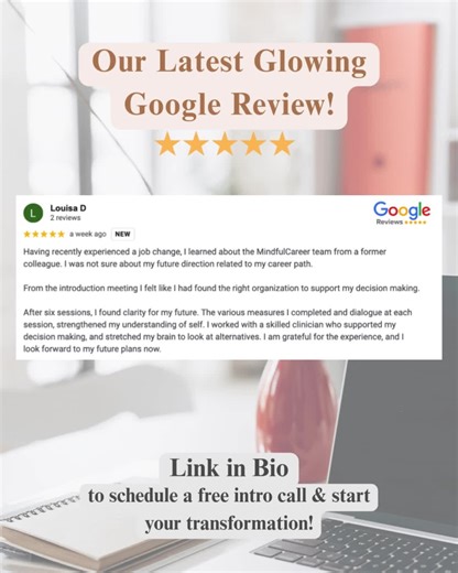 ✨ Client Win! ✨ After a recent job change, Louisa found herself unsure of what direction to take next. But from her very first meeting with the Mindful Career team, she knew she was in the right hands. Over just six sessions, Louisa gained the clarity, confidence, and structure she needed to move forward with purpose. With the help of a skilled clinician, she explored new alternatives, strengthened her self-awareness, and made empowered decisions about her next steps. 🙌 “I found clarity for my 