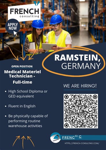 🚀 Join Our Team at Ramstein Air Force Base! 🚀 We’re looking for a Medical Material Technician to start January 2026. Full-time (40 hrs/week) — your next career move starts here! Why You’ll Love This Role: 📦 Receive, verify, and organize medical shipments 🏗️ Operate automated material handling equipment 📝 Maintain accurate inventory and records 🎯 Support critical medical operations Requirements: ✅ High school diploma or GED ✅ Strong English skills (reading, writing, speaking) If you’re orga