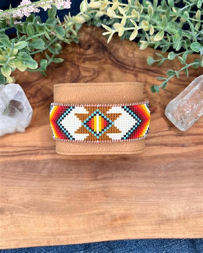 Beaded Leather Cuff Bracelet | Native American Inspired | Handmade in Alaska - Etsy