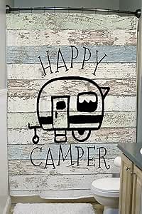Happy Campers Shower Curtain Retro Rustic Wood Neutral Color For Travel Trailer Camping Motor RV Bathroom Stall Shower Curtain Set, Small Size Waterproof Fabric Shower Cutain, Hooks Include 47x64