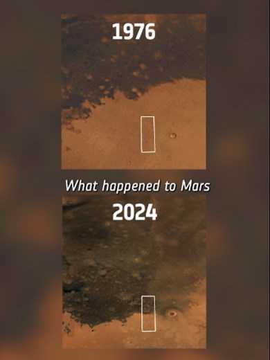 Mars then vs now… What changed in 50 years? 🔴 A new image from our Mars Express shows a striking scene of two halves: Mars’s bright tan sands meeting dark deposits of volcanic ash. When this region was first seen by @nasa’s Viking orbiters in 1976, the ash was far less widespread. So what happened in less than 50 years? Either Martian winds have spread the ash over time, or they’ve stripped away the lighter dust that once covered it. What can we see in this image? At the top, a 15 km-wide crate