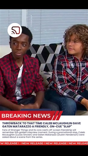 Hollywood Buzzed News on Instagram: "Throwback to That Time Caleb McLaughlin Gave Gaten Matarazzo a Friendly, On-Cue "Slap" During a Stranger Things Interview Fans of Stranger Things and its core cast's off-screen friendship will remember this golden interview moment. During a promotional stop, Caleb McLaughlin (Lucas Sinclair) and Gaten Matarazzo (Dustin Henderson) were asked about a scene from the series. In a spontaneous and hilarious demonstration of their chemistry, Caleb used the opportuni