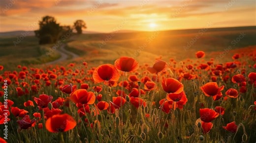 Stunning sunset over a vibrant poppy field in bloom, perfect for nature lovers and landscape photography enthusiasts.