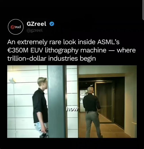 GZreels on Instagram: "EUV (Extreme Ultraviolet) lithography works at a scale almost impossible to comprehend. It fires light with a wavelength of 13.5 nanometers, carving transistor patterns smaller than viruses onto silicon wafers. To make that possible, the entire system operates in a near-perfect vacuum. Even a speck of dust would destroy the process. Inside, molten tin droplets are hit by powerful lasers 50,000 times per second, creating EUV light that's then guided by mirrors so precise th