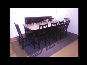 IKEA INGATORP seats 10 dining table; extendable table with 10 STEFAN chairs and Morum area rug