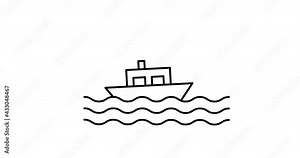 4K Stock video, line art animation, boat is sailing in sea on white background. Seamless motion animated footage with ship sways on the waves. Yacht vessel line icon, transportation and travel concept