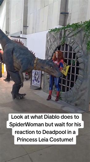 66K views · 1.9K reactions | One of my favourite interactions with some of the crazy characters at UK Comic Con and Gaming Festivals Somerset! He wanted to eat SpiderWoman from @angeleffects 's Angel Effects but wait for his look of confusion on meeting #deadpool in Princess Leia's costume! #trending #funny #dinosaur #comiccon | Raptors World - Roarsome Dinosaur Entertainment | Facebook