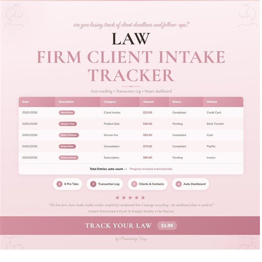 Professional Planner Law Firm Client Intake | Tracker Spreadsheet Google Sheets Excel Digital Download - Etsy