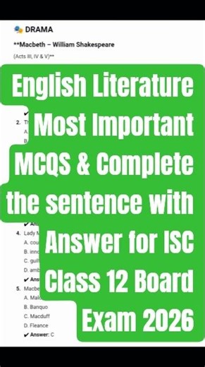 English Literature Most Important MCQS & Complete the sentence with Answer for isc class 12 2026