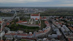 Bratislava Castle is the main castle of Bratislava, the capital of Slovakia. The massive rectangular building with four corner towers stands on an isolated rocky hill of the Little Carpathians, direct Stock Video