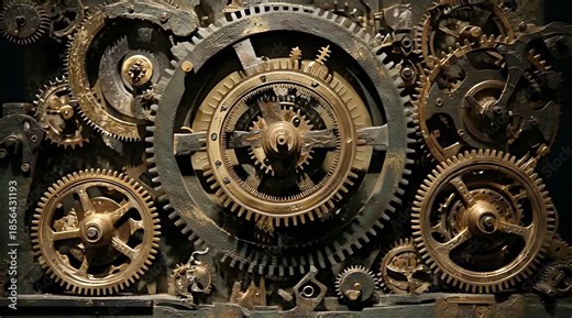 An extreme close-up of a highly complex and intricate clockwork mechanism with layers of rotating brass and steel gears, representing precision engineering, horology, or the passage of time