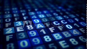 Blue hexadecimal digits changing randomly while moving over futuristic big data science board generated by computer information technology