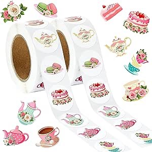 Tenceur 1000 Pcs Tea Party Assorted Stickers Floral Tea Time Party Favors 2 Roll Teacup Sticker Decals for Gift Bag Luggage Packaging Water Bottles Scrapbooking Decoration