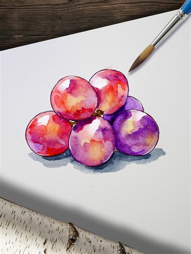 Paint Juicy Grapes 🍇🎨 Easy & Satisfying! Simple watercolor grapes using yellow, red & purple 🍇 Layer by layer = juicy, satisfying look ✨ Pause at start for colors 🎨 Follow for daily art! #painttogetherstudio#arttok #watercolorart #easyart #paintingtutorial #beginnerart#quickart#fruitart#grapesart#learnontiktok#arttips #creativeideas#fyp