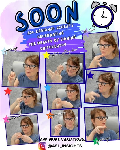 Just like spoken languages have accents, sign languages do too! Across Deaf communities, the way we sign can vary depending on where we grew up—through Deaf schools, families, social circles, or mainstreaming experiences. Here's an example of how we sign "SOON". No need to label it right or wrong—just beautifully different. During my travels across 49 states, I kept journal notes of every Deaf person I met—and wow, their signs were different! These variations are treasures passed down through fa