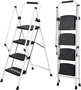 Step Ladder 4 Folding Step Stool, Lightweight Portable Stepladder with Convenient Handrail, Ladders Anti-Slip Pedal, 330 lbs Capacity for Home Kitchen Pantry Office, White