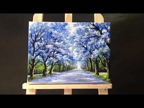 Pretty tree line road acrylic painting