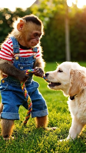 Cute Monkey in Overalls Plays Tug of War with Puppy