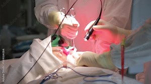 Close-up. A team of surgeons perform a surgical procedure to remove a cancer tumor. Photodynamic therapy