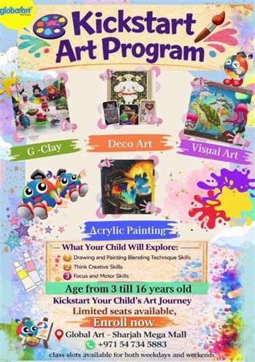 Kick Start Art Programme Image removed by sender. 🎨 Designed for young learners in Sharjah, this programme builds strong art foundations through structured guidance and creative exploration. Children develop focus, patience, fine motor skills, color understanding, and confidence—while enjoying every step of the process. Enjoy free waived registration and 4 sessions of visual art with our Kickstart Art Program Contact us for more information: 📌 Sharjah Mega Mall, F2-31 📲 054 734 5883 | Mega Ma