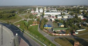 4K aerial video view of Kolomna old town center with Kremlin, churches and monastery cathedrals, ancient town located at confluence of Moskva and Oka rivers some 110 km south-east of Moscow, Russia