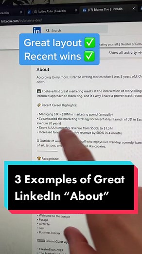 Your LinkedIn “About” section is one of the most important parts of your profile, so let’s look at 3 that are great examples. All three of these have strong hooks, personable comtent and are well presented. If you’d like us to share any more examples or review your profile let us know! #linkedin #linkedintips #linkedinprofile #linkedinprofilereview #linkedinprofiletips #careertok #jobsearch #jobsearching #careeradvice