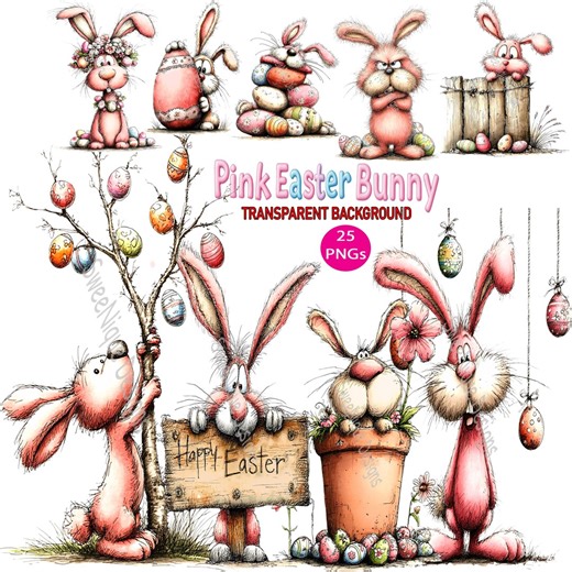 Funny Pink Bunny Rabbit Clipart: 25 Easter Graphics, Transparent Background, Watercolor, Sublimation, Print - Etsy