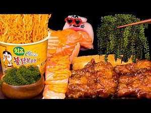 ASMR BULDAK MAYO HACK+MASSIVE SALMON SASHIMI!🌶️ Cheesy Spicy Noodle & Sea Grapes Crunch (Real Sound)